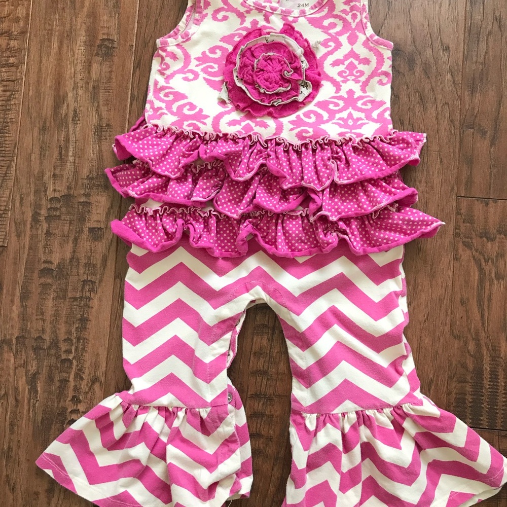 Mustard Pie Pink and White Chevron Ruffle Romper